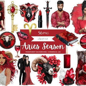 May include: A digital clipart set titled "Aries Season" featuring various illustrations in red and gold. Includes images of a ram, a key, a sword, a book, a lipstick, a candle, and portraits of people.