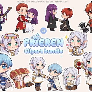 Pacchetto Clipart Frieren, 28 PNG Kawaii Chibi Anime, adesivi Frieren Himmel Fern Stark, download digitale per pianificatori, 300 DPI, uso personale