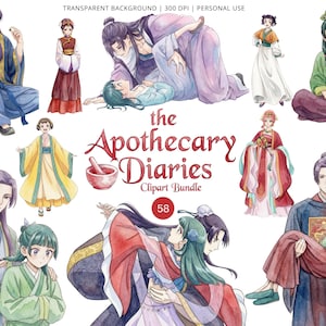 Puede incluir: Paquete de imágenes prediseñadas de acuarela con múltiples ilustraciones de personajes con atuendos asiáticos tradicionales. El título "the Apothecary Diaries" se muestra con un mortero y una maja. Las ilustraciones incluyen figuras en varias poses y atuendos.