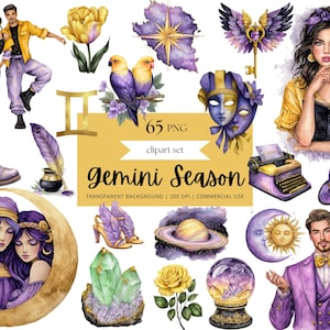Peut inclure: Un ensemble de cliparts numériques intitulé "Gemini Season" présentant des illustrations à l'aquarelle. L'ensemble comprend des images de personnes, de symboles du zodiaque, de fleurs et d'autres éléments célestes dans des tons de violet, d'or et de jaune. L'ensemble comprend 65 images PNG.