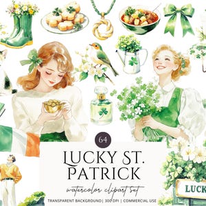 May include: Watercolor clipart set with a Lucky St. Patrick theme. The image features illustrations of a pot of gold, a green boot with flowers, a cat, a woman, a dog, and the text "LUCKY ST. PATRICK".