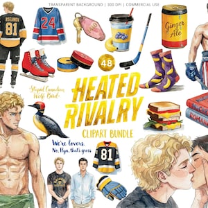 Op de afbeelding: Een aquarel clipart bundel met een sportthema, met hockeytruien, schaatsen, een hockeystick en een blikje ginger ale. De tekst "HEATED RIVALRY" wordt weergegeven in gouden letters. Bevat ook illustraties van mannelijke figuren en een sandwich.