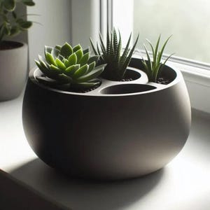 Peut inclure: Un pot de fleurs rond gris foncé avec trois sections, chacune contenant une plante succulente différente. Les succulentes sont de différentes nuances de vert. Le pot est posé sur un rebord de fenêtre blanc.