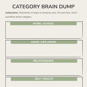 May include: A beige graphic organiser titled "CATEGORY BRAIN DUMP" with five labelled sections: Work/School, Home/Life Admin, Relationships, Self/Health, and Random/Other. Instructions are included.