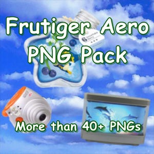 May include: Image featuring the text "Frutiger Aero PNG Pack" in green, with a blue sky background. Includes a digital camera, a container with blueberries, and a small aquarium with dolphins. The text "More than 40+ PNGs" is also visible.