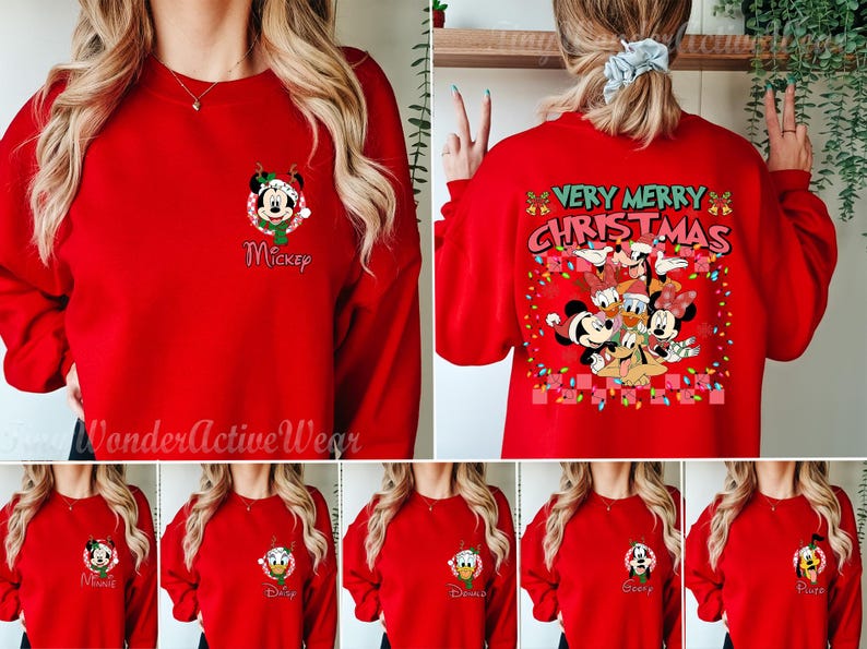 May include: A red long-sleeve sweatshirt featuring a small graphic of Mickey Mouse on the front left chest. The back displays a large graphic with the text "VERY MERRY CHRISTMAS" and a group of Disney characters including Mickey, Minnie, Donald, Daisy, Goofy, and Pluto.