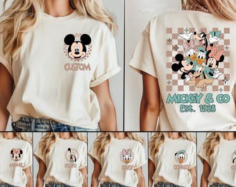 Comfort Colors Retro Custom Mickey Minnie Shirts, Custom Names Mickey and Friends Shirt,Checkered Mickey Shirt, Disney Family Vacation Shirt