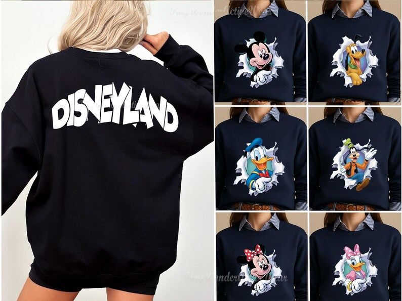 May include: A black long-sleeve sweatshirt featuring the word Disneyland in large white letters on the back. The front displays various Disney character graphics, including Mickey Mouse, Pluto, Donald Duck, Goofy, Minnie Mouse, and Daisy Duck.