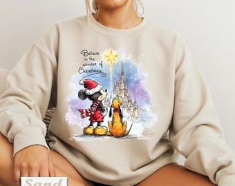 Believe In The Wonder Of Christmas Sweatshirt, Retro Disney Castle Shirt, Cute Disney Magic Kingdom Shirt, Mickey and Pluto Disney Tee
