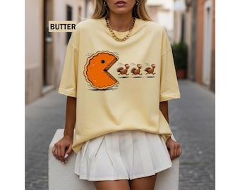 Comfort Colors Pumpkin Pie Chasing Shirt,Funny Thanksgiving Pacman Tee,Humor Fall Game Shirt,Turkey Eating Thanksgiving Shirt,Pumpkin Season