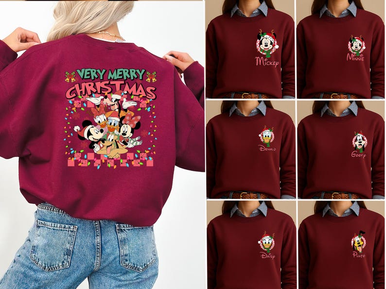 May include: A maroon sweatshirt featuring a large back graphic with the text VERY MERRY CHRISTMAS and Disney characters including Mickey, Minnie, Donald, Daisy, Goofy, and Pluto. The front chest area displays a small character icon with a name.