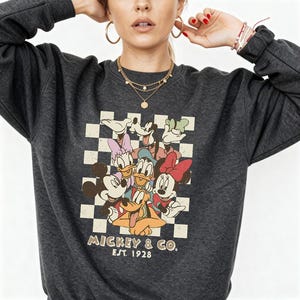 May include: A dark charcoal gray long-sleeve sweatshirt featuring a graphic print of Mickey Mouse, Minnie Mouse, Donald Duck, Daisy Duck, Goofy, and Pluto against a cream and gray checkered background with the text Mickey & Co. Est. 1928.