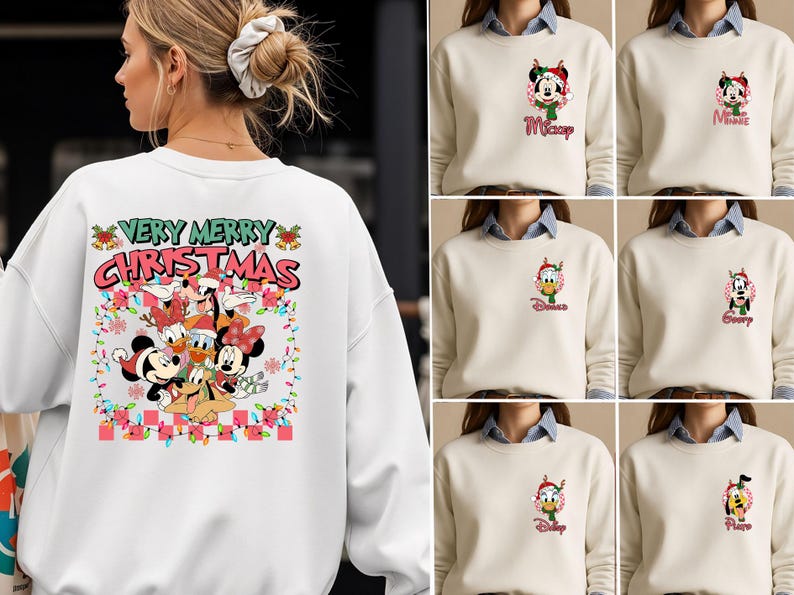 May include: A white crewneck sweatshirt featuring a large back graphic with the text "VERY MERRY CHRISTMAS" and a colorful illustration of Disney characters in holiday attire. The front chest area displays smaller individual character prints.