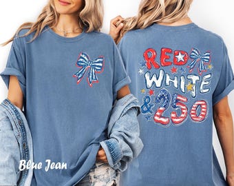 Comfort Colors® Red White & 250 Anniversary Shirt, Bow Preppy Patriotic T-Shirt, 250 Years Of America Tee,USA America Shirt, Flag Tshirt