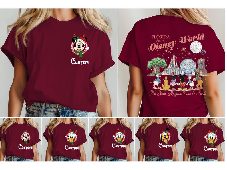 May include: A maroon t-shirt featuring a small graphic on the front left chest of a character in a Christmas hat inside a circle with the word Custom below it. The back displays a Disney World Florida graphic with characters and fireworks.
