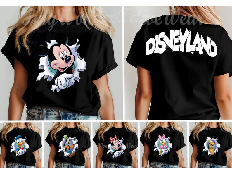 May include: A black short-sleeve t-shirt featuring a graphic of Mickey Mouse emerging from a white torn paper effect on the front and the word Disneyland printed in large white letters across the back, with additional character options shown below.