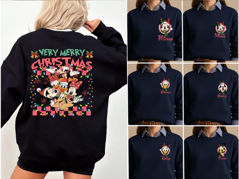May include: A black long-sleeve sweatshirt featuring a large back graphic of Disney characters in Santa hats with the text "VERY MERRY CHRISTMAS" and colorful lights. The front left chest displays a smaller circular character graphic with a name.