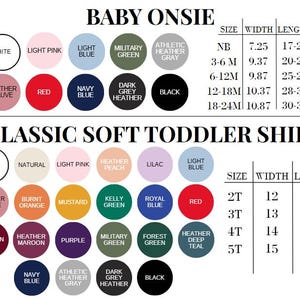 May include: A colour chart for baby onesies and toddler shirts featuring circular swatches in various colours including white, pink, blue, green, grey, red, navy, black, peach, lilac, orange, yellow, and maroon, with size and measurement tables in inches.