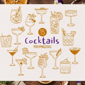 Puede incluir: Ilustración de 15 cócteles diferentes, dibujados en un estilo lineal. La imagen presenta varios vasos de cóctel con adornos como rodajas de cítricos, cerezas y hierbas. La palabra "Cocktails" está escrita en morado, con "PDF/PNG/SVG" debajo.