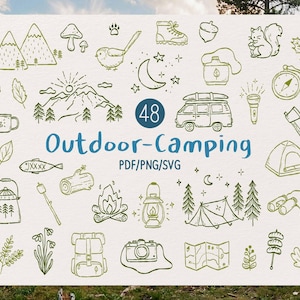 Può includere: Una collezione di 48 illustrazioni disegnate a mano a tema outdoor e campeggio in verde. L'immagine include disegni di montagne, un furgone, una tenda, un falò, una bussola e altri elementi essenziali per il campeggio. Il testo recita "Outdoor-Camping".