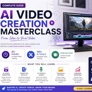 May include: A promotional image for an AI video creation masterclass. The image features a computer monitor displaying video editing software, a camera, and a mouse. Text includes "AI Video Creation Masterclass" and details on training, tools, and content strategy.