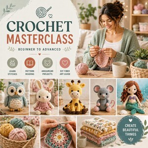 Op de afbeelding: Een promotieafbeelding voor een haakmasterclass, met de tekst "CROCHET MASTERCLASS" en "BEGINNER TO ADVANCED". De afbeelding toont verschillende haakprojecten, waaronder een uil, konijn, giraf, muis en zeemeermin. Andere elementen zijn garen, haaknaalden en afgewerkte haakitems.