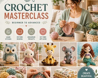 Virkningsmästarkurs Nybörjare till avancerad handledning Lär dig maskor Mönsterläsning Amigurumi-projekt Dockor Djur DIY Fiberkonstguide