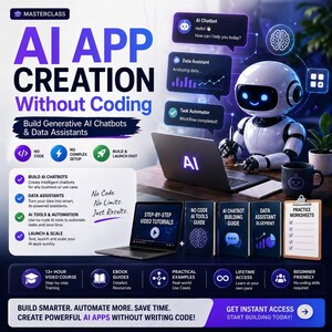 May include: A promotional graphic for an AI app creation course. The image features a robot, a laptop displaying video tutorials, and various icons representing course features like AI chatbots, data assistants, and automation tools. Text includes "AI APP CREATION Without Coding."