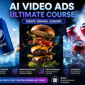 May include: A promotional image for an AI video ads course. It features a Pepsi can in water, a floating burger, and Coca-Cola cans on ice. The text includes "AI VIDEO ADS ULTIMATE COURSE" and calls to action.