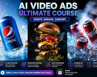 AI-videoannonser Ultimatkurs, AI-marknadsföringsutbildning, mästarklass för skapande av videoannonser, utbildningsprogram för strategi för digital annonsering