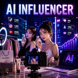 Puede incluir: Imagen que promociona el marketing de influencers de IA. Dos mujeres sostienen frascos de perfume, con recuentos de seguidores en redes sociales. Una computadora portátil muestra "IA" en la pantalla y una cámara está configurada para filmar. El fondo incluye un perchero y un bolso Chanel.
