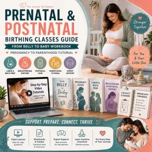 May include: A promotional image for prenatal and postnatal birthing classes. The image features a pregnant woman, books, a laptop displaying video tutorials, and text that reads "Prenatal & Postnatal Birthing Classes Guide". The image also includes a plush elephant toy.