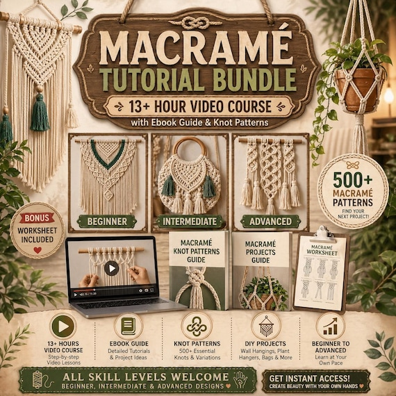 Macrame Tutorial Bundle 13+ Hour Video Course with Ebook Guide Knot Patterns Beginner to Advanced DIY Fiber Art Wall Hanging Craft