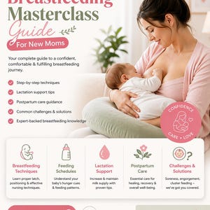 以下が含まれることがあります： 「Breastfeeding Masterclass Guide」という、新米ママ向けのガイドの画像。女性が赤ちゃんに授乳している様子が描かれ、テクニック、母乳育児のサポート、産後ケアに関するテキストが添えられています。自信を持って母乳育児ができるよう導くガイドです。