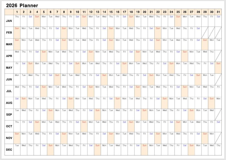 A4 Printable Yearly Calendar 2026 Minimalist Undated Planner Digital