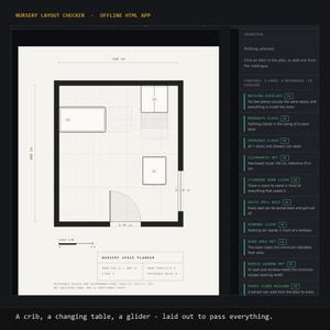 Può includere: Una planimetria digitale per la cameretta intitolata Nursery Layout Checker con dimensioni di 350 cm per 400 cm. Il piano mostra una culla, un fasciatoio e una poltrona con un pannello di ispezione a destra che elenca i controlli dello spazio.