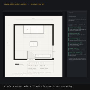 Puede incluir: Una interfaz de aplicación HTML sin conexión para verificar la distribución de una sala de estar, mostrando un plano con un sofá, una mesa de centro y un mueble de TV. El plano incluye dimensiones de 450 cm por 400 cm, escala 1:50 y panel.