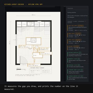 Peut inclure: Une interface d'application de vérification de plan de cuisine affichant un plan d'étage de 400 cm sur 500 cm. Le plan inclut un îlot central, des zones de circulation et des mesures de recul de siège, avec un panneau d'inspection des résultats.