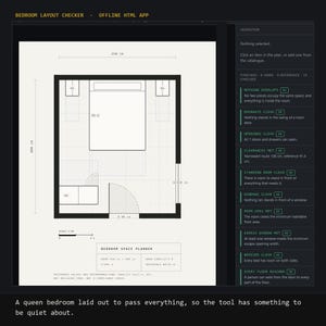 Puede incluir: Una interfaz digital de verificación de diseño de dormitorio que muestra un plano con una cama, mesitas de noche y muebles. El plano incluye dimensiones de 250 cm por 400 cm, una barra de escala y un panel de inspector con resultados.