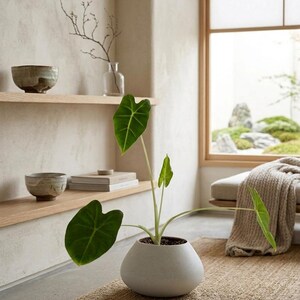 Puede incluir: Una planta Alocasia en maceta con hojas grandes, verdes oscuras y en forma de corazón, con tallos de color verde claro. La planta se encuentra en una maceta de cerámica redondeada, lisa, mate y de color gris claro, situada sobre el suelo.