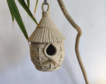 3D Printed Woven Birdhouse - Decorative Cabin Garden Decor - Hanging Basket Bird House for Outdoor Porch & Indoor Nature Theme Art Gift