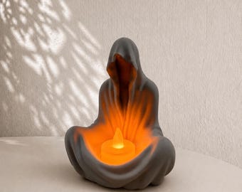 3D Printed Hooded LED Candle Holder Grim Reaper Ghost Tea Light Gothic Home Decor Goth Wiccan Altar Statue Halloween Creepy Cloaked Figure