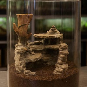Könnte beinhalten: Eine dekorative Terrarienlandschaft in einem transparenten Glaszylinder. Der Miniatur-Lebensraum zeigt eine mehrstufige, beige-farbene Felsformation mit einer baumartigen Struktur. Die Basis ist mit braunem Substrat gefüllt und schafft eine naturalistische Umgebung.
