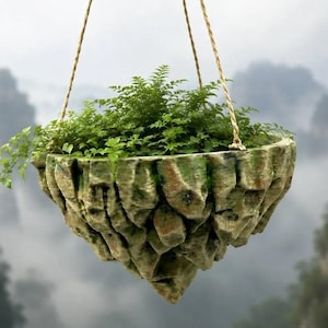 Può includere: Un vaso sospeso a forma di formazione rocciosa frastagliata e testurizzata con una finitura verde e marrone usurata. Il contenitore ospita una pianta verde rigogliosa con piccole foglie delicate ed è appeso tramite sottili corde ritorte.