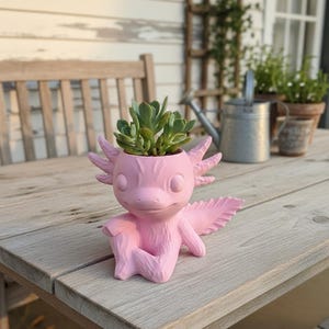 Pode incluir: Um vaso rosa em forma de axolotl com uma planta suculenta verde. O vaso está em cima de uma mesa de madeira. O axolotl tem detalhes e um acabamento liso. Um item decorativo único.