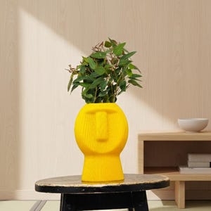 May include: A vibrant yellow vase, sculpted in the form of a face, contains green foliage. The vase is placed on a round, black table. The background shows a light-toned wooden wall and a small wooden shelf with a white bowl and a box.