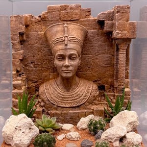 Könnte beinhalten: Eine detaillierte Skulptur einer altägyptischen Büste, möglicherweise Nofretete, vor dem Hintergrund verwitterten Mauerwerks. Die Skulptur ist von kleinen Kakteen, Sukkulenten und Felsen umgeben, wodurch eine Miniatur-Wüstenlandschaft entsteht.
