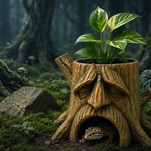 May include: A brown tree stump planter with a carved face and an open mouth cavity, containing a green and white variegated plant. A small spotted leopard gecko is positioned inside the hollow opening at the base of the textured tree stump.
