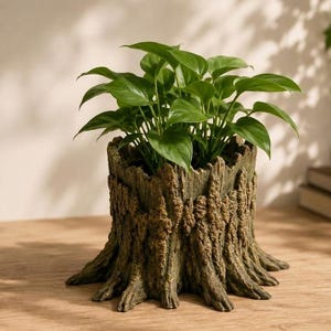 May include: A tree stump-shaped planter filled with green leafy plants. The planter has a textured, brown finish, and is placed on a wooden surface. A unique home decor item, perfect for adding a touch of nature.