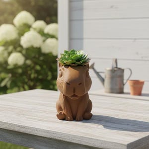 Pode incluir: Jardineira marrom em forma de capivara com uma planta suculenta verde. A jardineira está em uma mesa de madeira clara. Um regador e um pequeno vaso de terracota estão ao fundo.